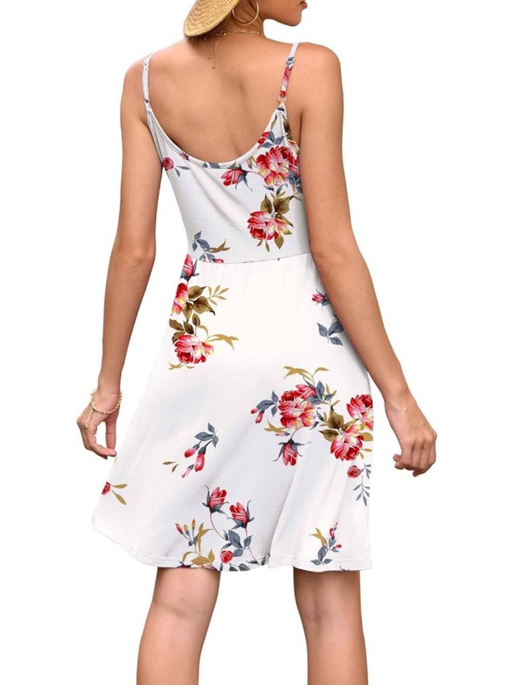 Women's Floral White Neck Spaghetti Strap Sundress Casual Beach Mini Dress - Picture 4 of 5